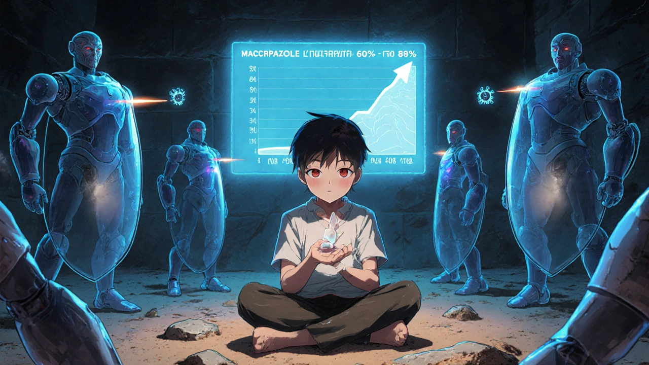 A child holds an albendazole pill as macrophage warriors destroy hidden parasites in a remote clinic.