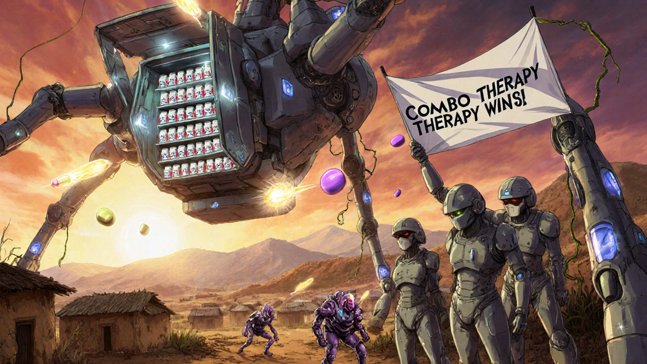 A floating robotic pharmacy launches albendazole capsules toward villages, with medics holding a &#039;Combo Therapy Wins&#039; banner.