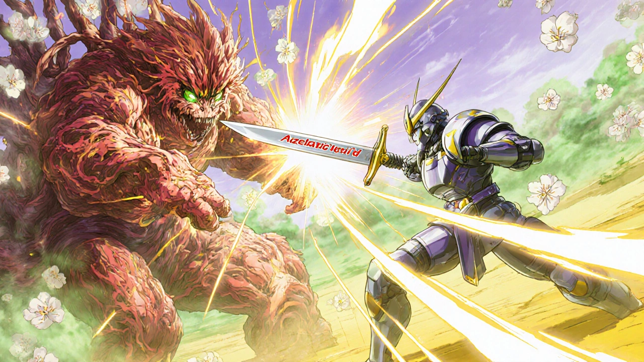 A robotic warrior battles inflammation with azelaic acid sword as healing mist floats nearby.