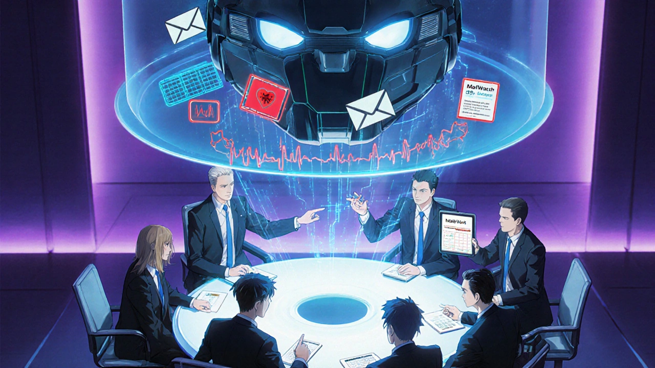 Anime officials examine a holographic black‑box robot with data streams in a conference hall.