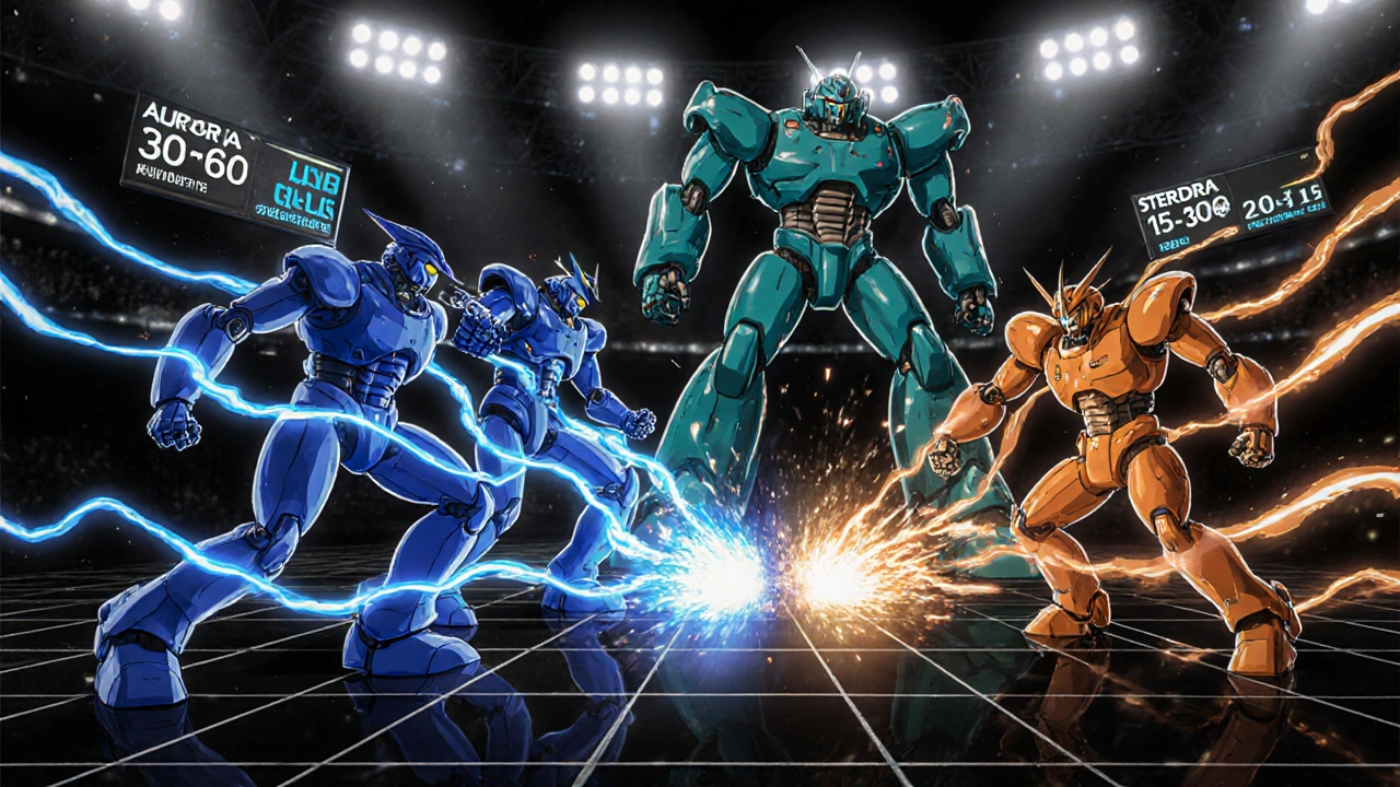 Battle arena with four distinct robots illustrating speed and duration of various ED medications.