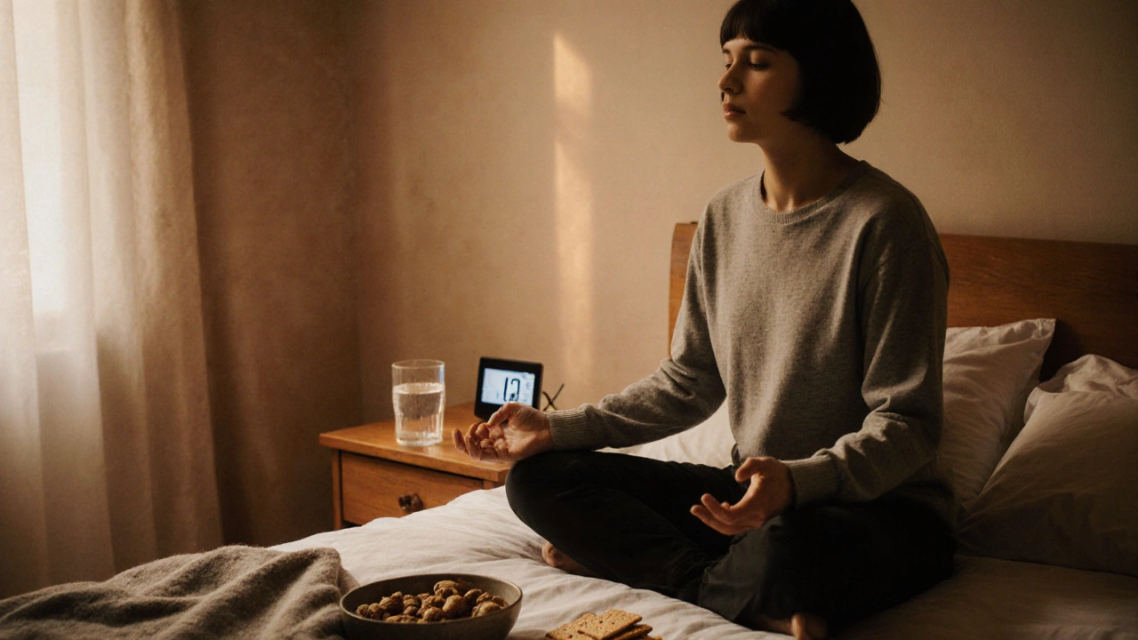 Bedroom scene of bedtime routine: breathing exercise, water, Brazil nuts, cool 18 °C thermostat.