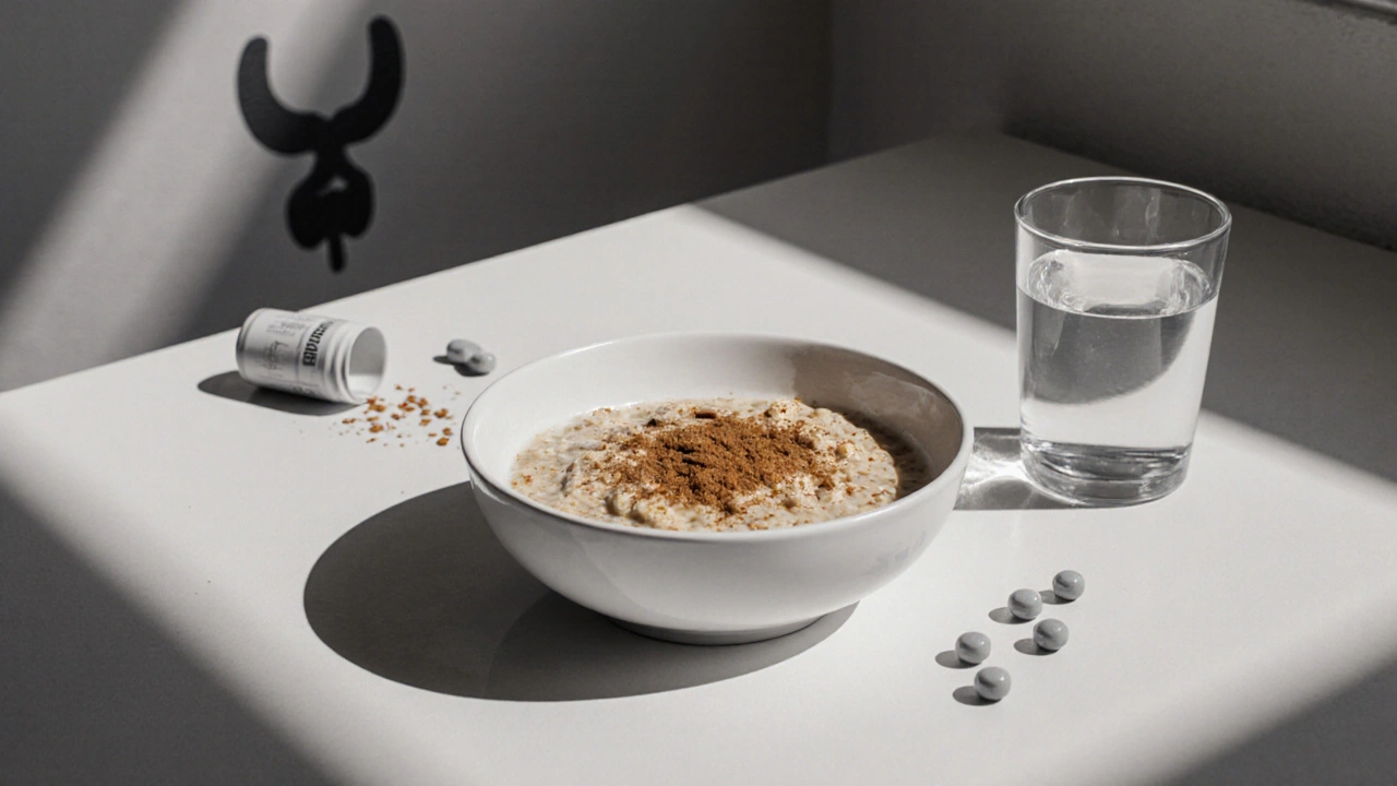 Breakfast with oatmeal, probiotic capsule, water, and subtle thyroid outline.