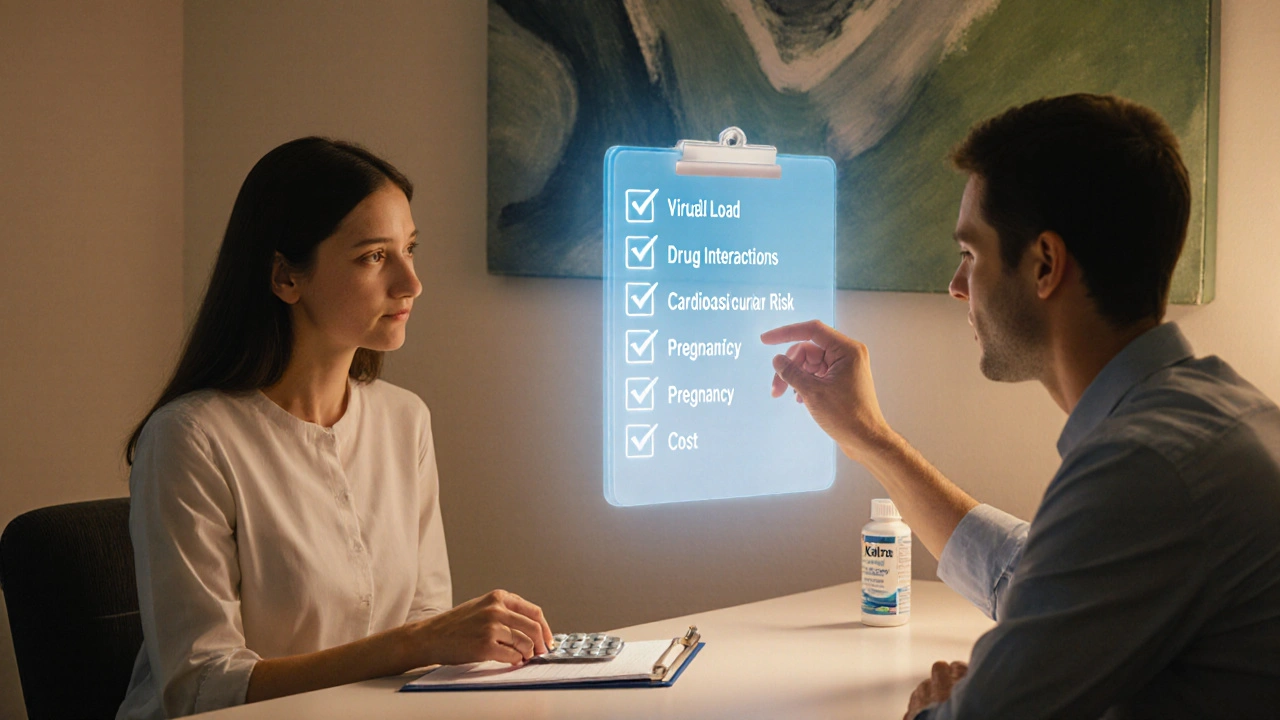 Clinician and patient discussing treatment options with floating light checklist icons on a clinic desk.