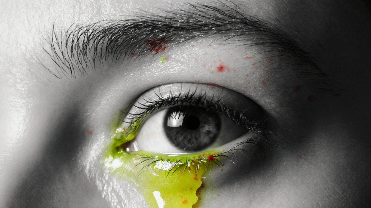 Close‑up of an eye with red conjunctiva and yellow‑green discharge.