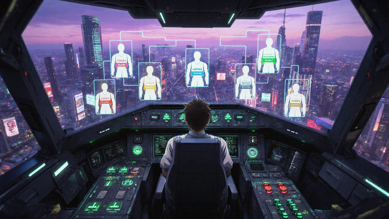 Cockpit control panel with holographic levers and floating robot icons showing a decision tree for pill choice.