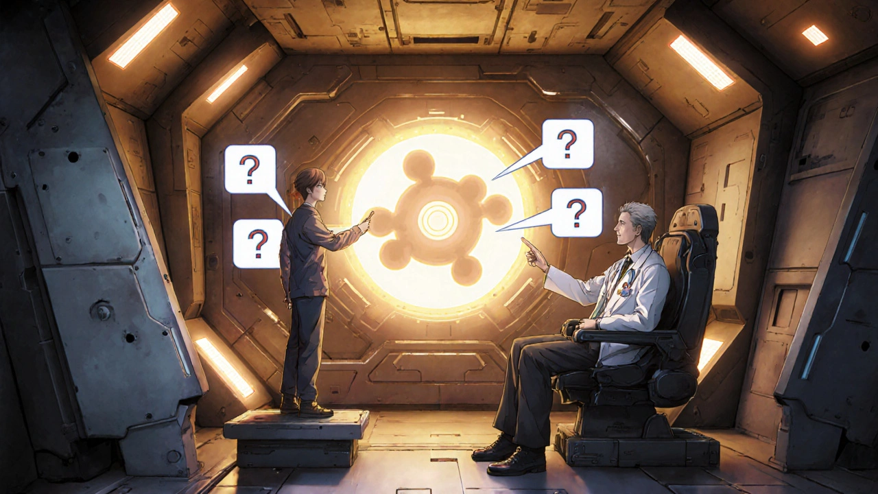 Doctor and patient discussing a glowing buspirone core on a futuristic bridge.