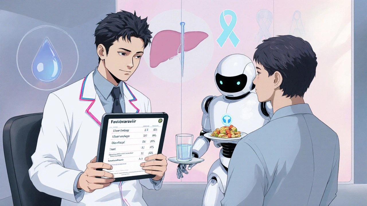Doctor and robot providing advice, water, and icons for side‑effect management.