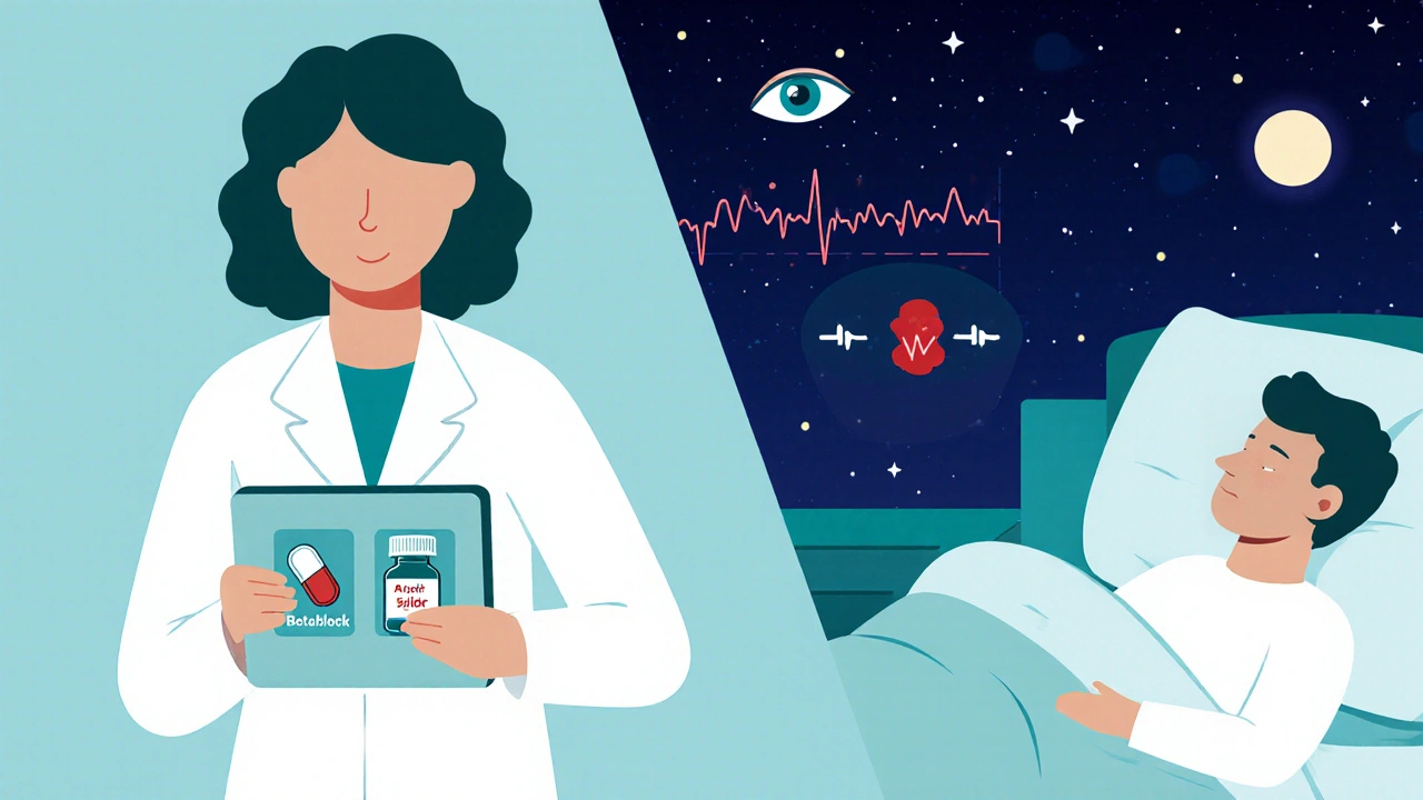 Doctor discussing beta‑blocker and antithyroid meds while patient’s heart monitor steadies.