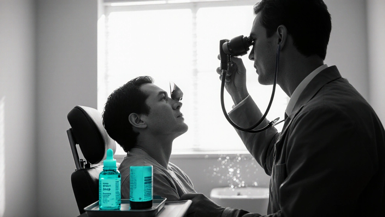 Doctor examining a patient’s eye, teal‑accented medical tools.