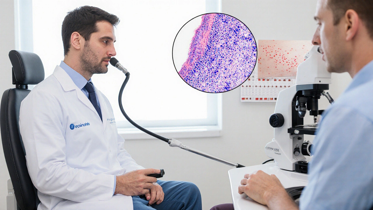 Doctor performing endoscopy with biopsy and allergy test shown.