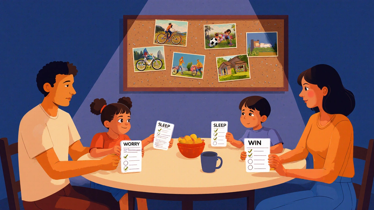 Family sharing worries and wins around a kitchen table.
