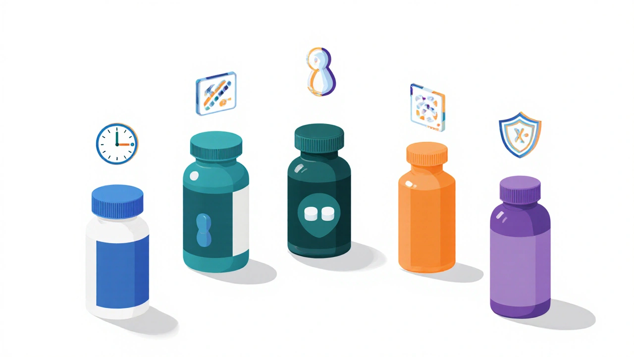 Five antiretroviral medication bottles displayed with icons for dose frequency, lipid impact, and resistance.