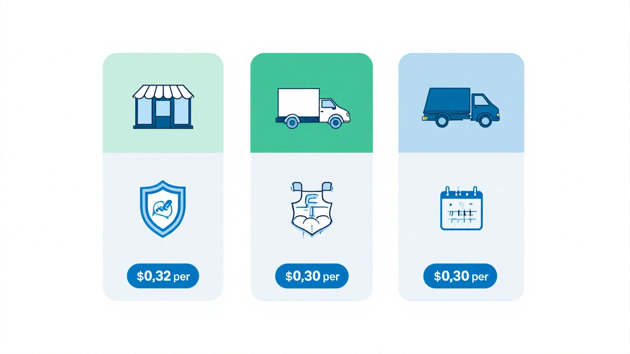 Flat illustration comparing three online pharmacies with price tags and verification badges.