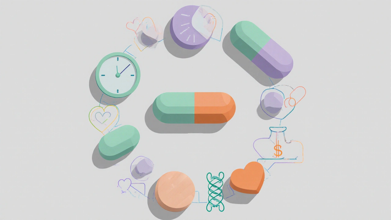 Flat illustration of eight different antidepressant pills surrounded by icons for half-life, side effects, class, and cost.