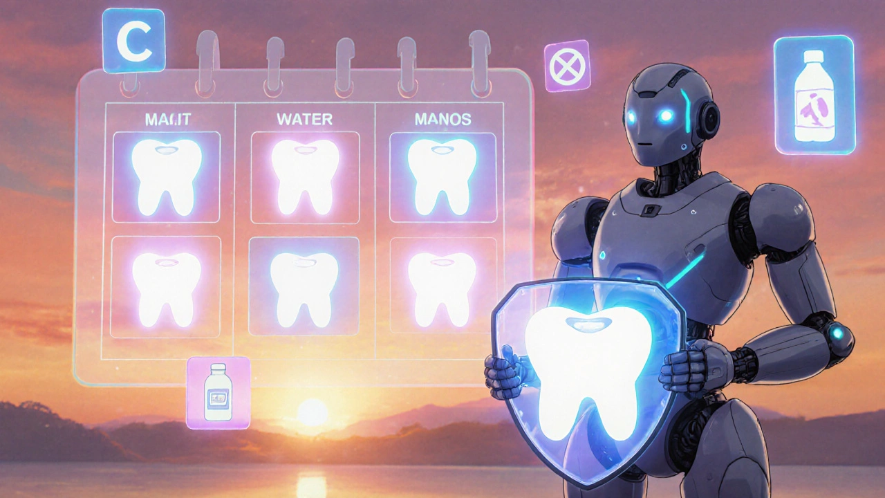 Futuristic robot stands by a calendar of dental check‑ups, surrounded by health icons and a shining smile.