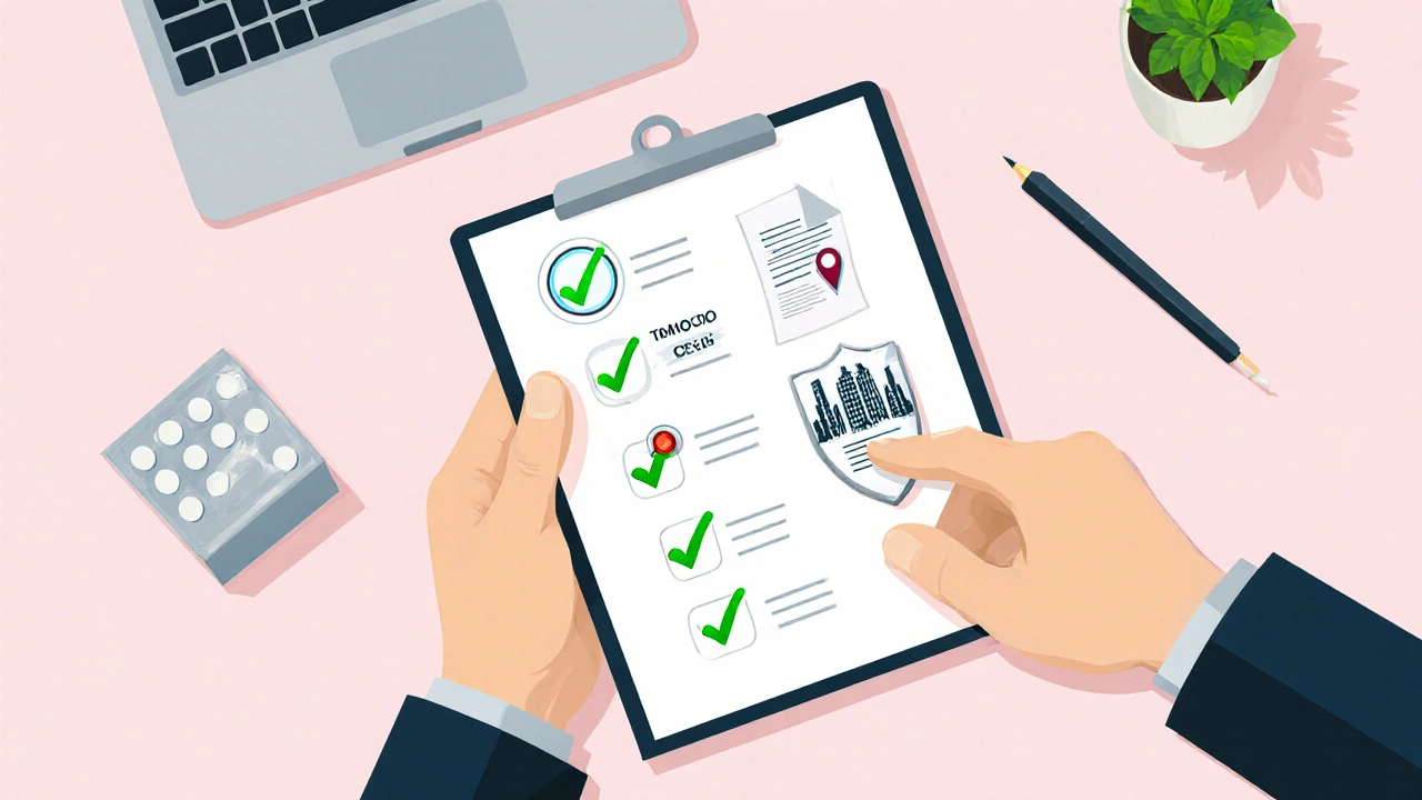 Hand holding checklist with icons for TGA verification, prescription, address, privacy, and sealed box.