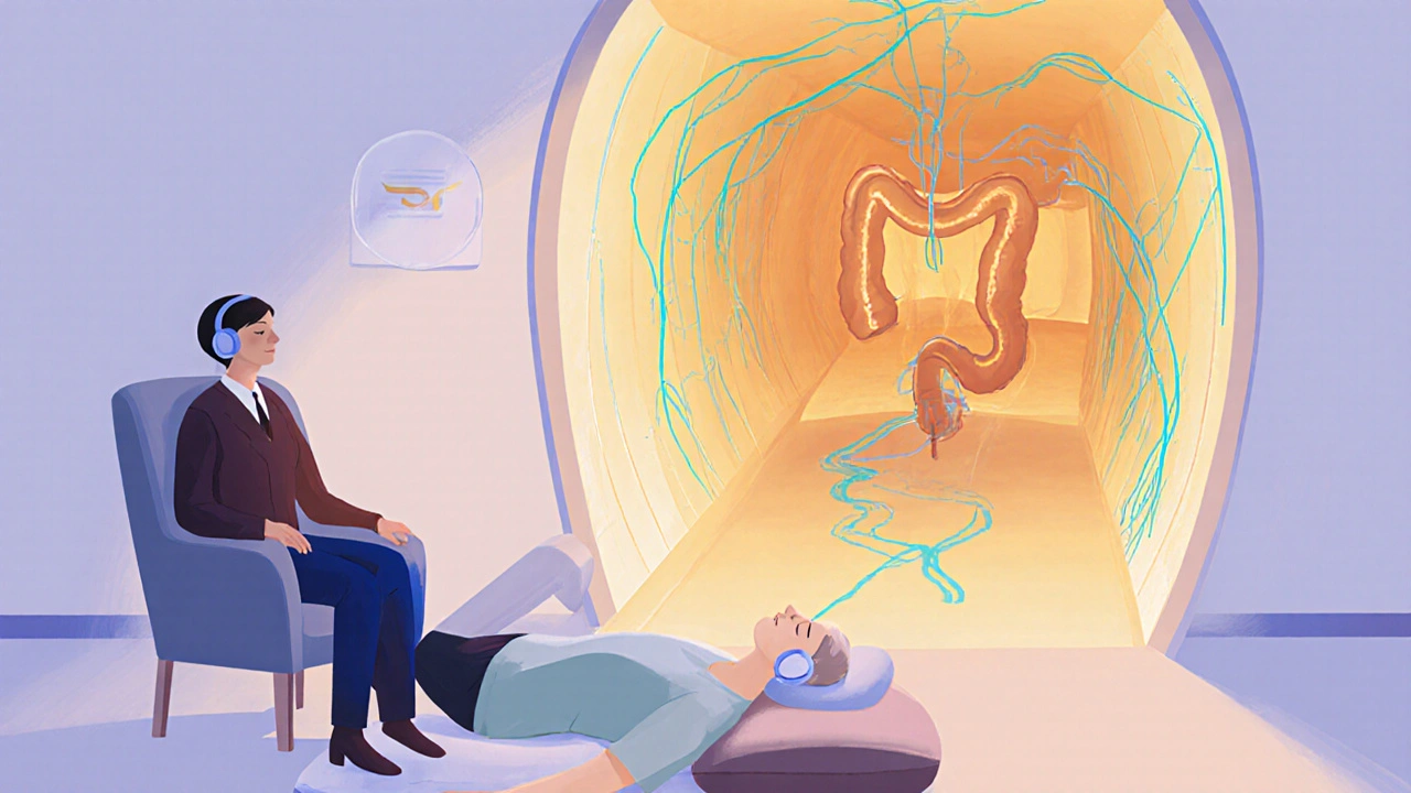 Hypnotherapy session visualizing a glowing smooth colon and highlighted brain‑gut pathways.