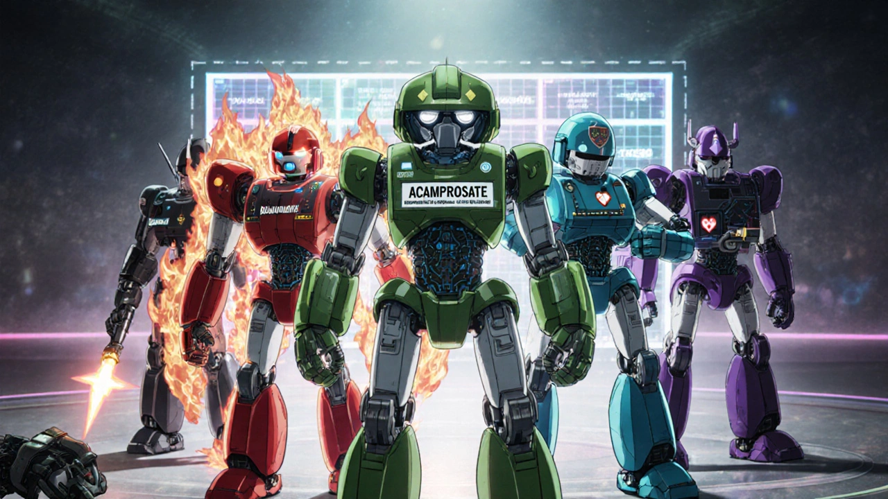 Lineup of six themed super robots symbolizing different addiction treatments.