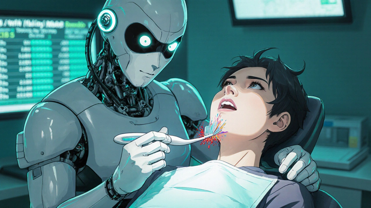 Medical robot uses soft toothbrush and floss on a patient with subtle gum bleeding in a clinical setting.