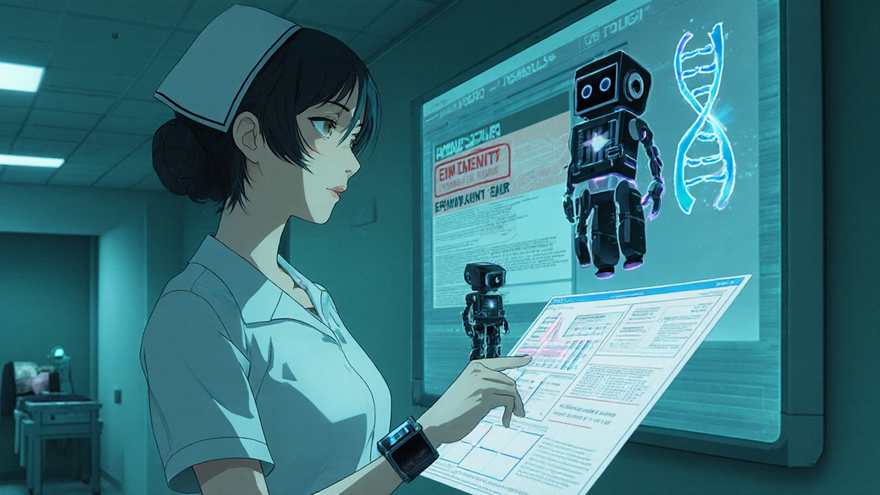 Nurse uses holographic interface; mini black‑box robot highlights genetic risk on a patient chart.