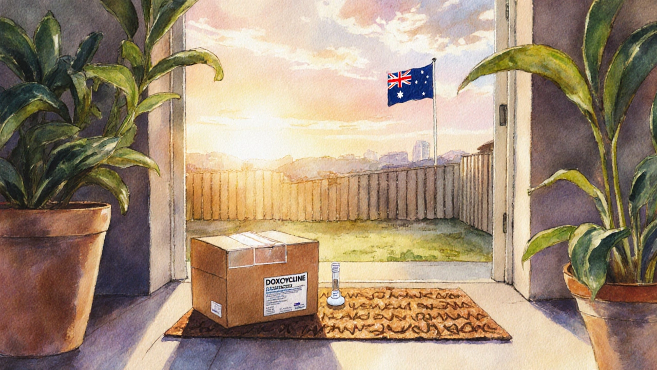 Parcel on Australian doorstep revealing a white doxycycline bottle amid eucalyptus leaves.