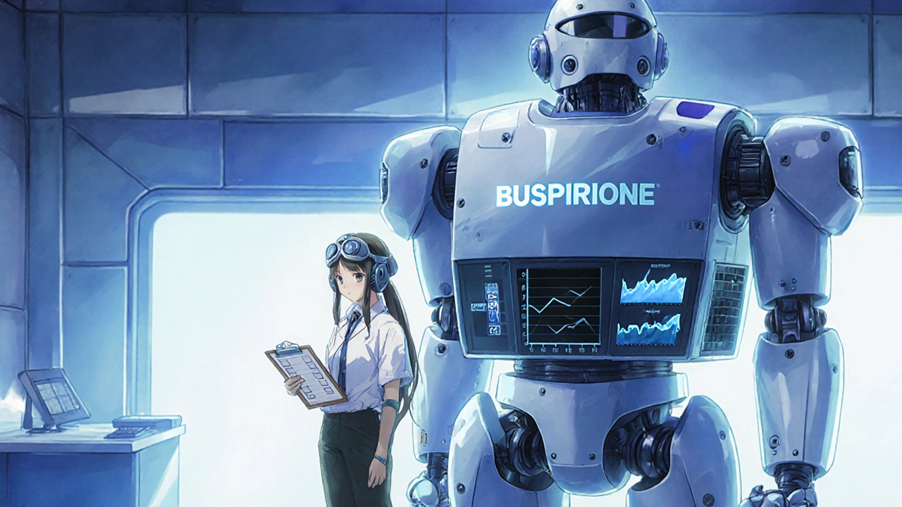 Patient beside a buspirone robot showing reduced anxiety levels.