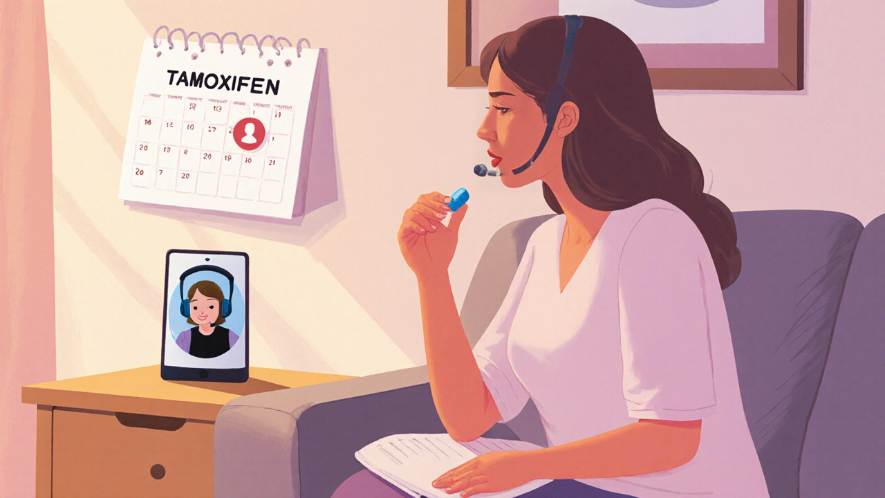 Patient holding tamoxifen tablet, calendar reminder, and video call with pharmacist.