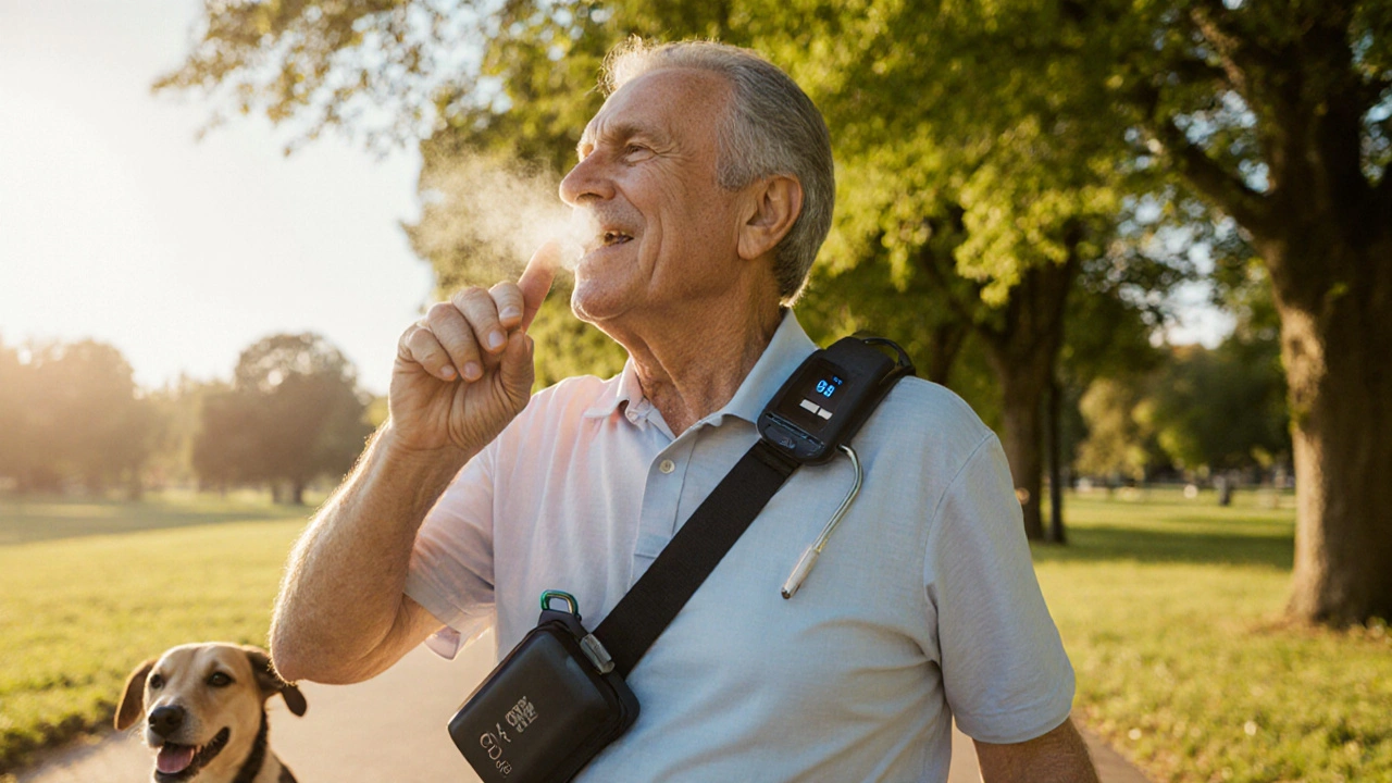 Person walking in a sunny park using a portable oxygen device and practicing breathing exercises.