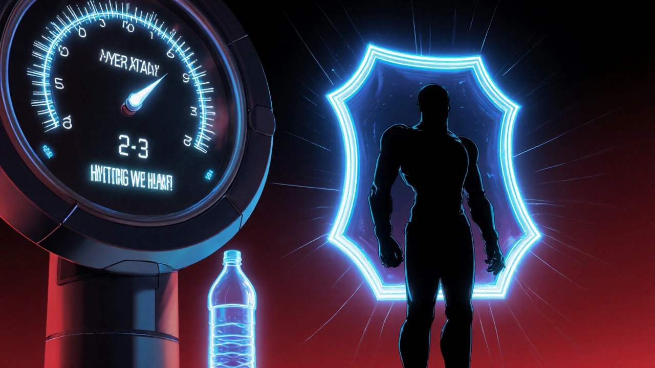 Robot monitors water intake and blocks a dark infection threat with a bright energy shield.