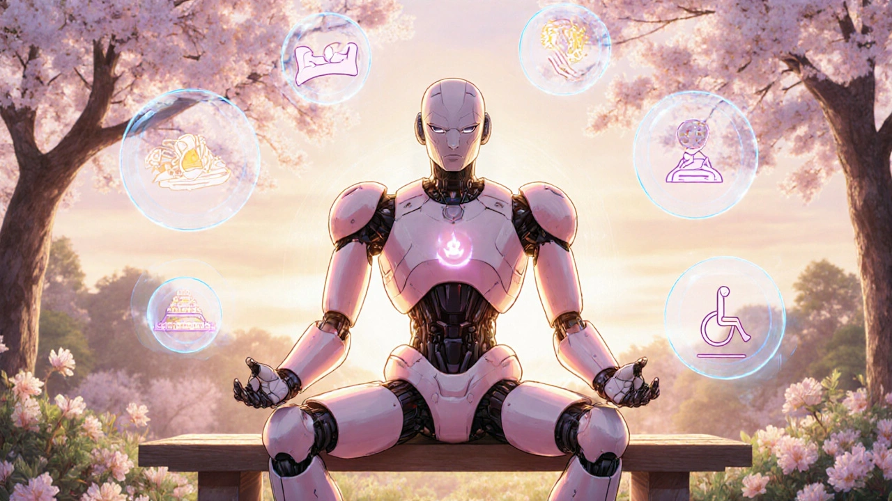 Robot relaxing in a garden at sunset, surrounded by icons of healthy habits.