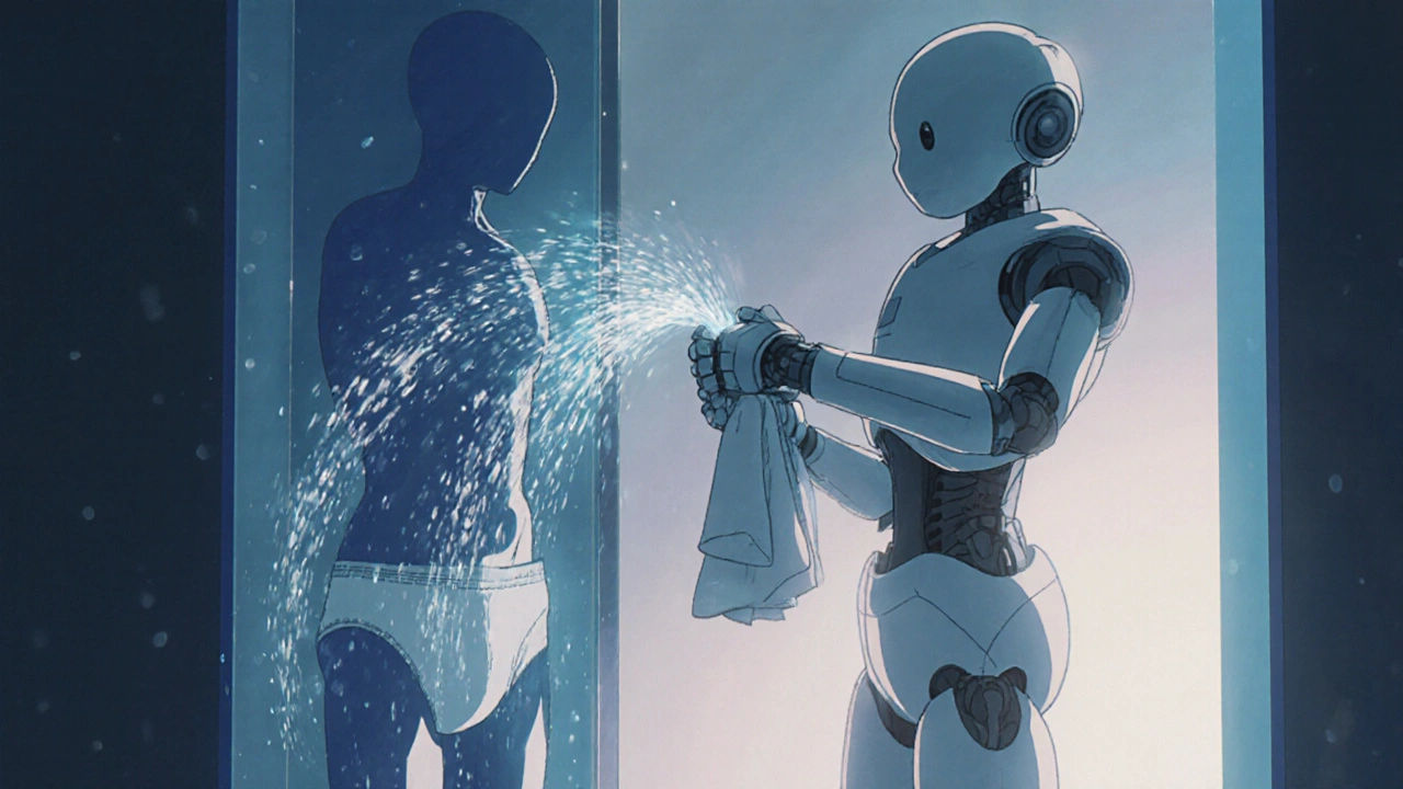 Robot uses water jet to rinse a person in bathroom, with cotton underwear and gentle spray.