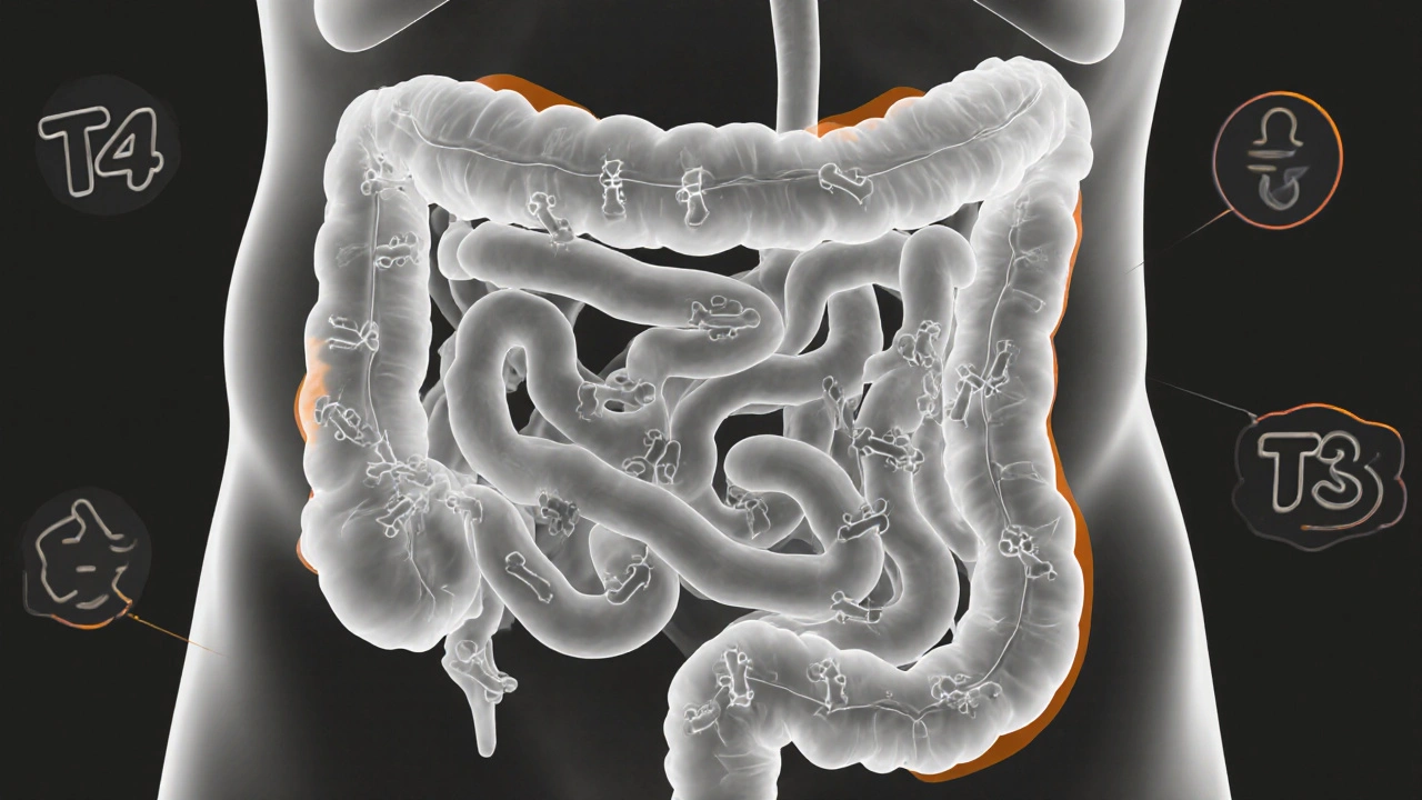 Side view of gut showing slowed peristalsis and fewer probiotic microbes.