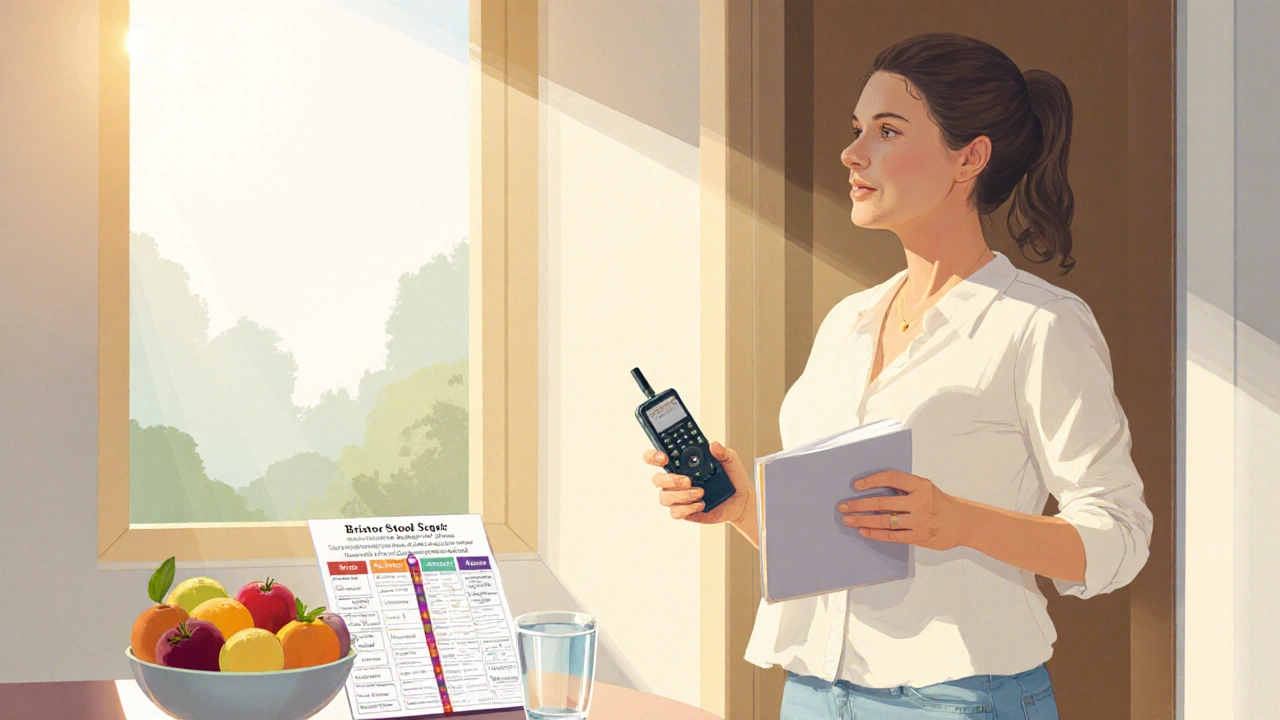 Smiling woman holding audio recorder and bowel diary, indicating relief after hypnotherapy.