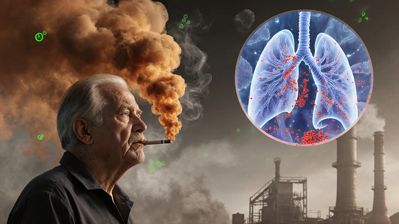 Smoker in polluted industrial setting with swirling smoke and dust, overlaid with microscopic view of destroyed alveoli.
