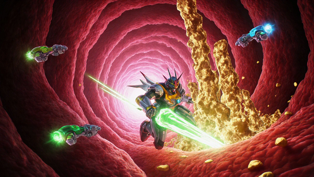 Super‑robot battles golden plaque inside a bright artery tunnel with energy blades.