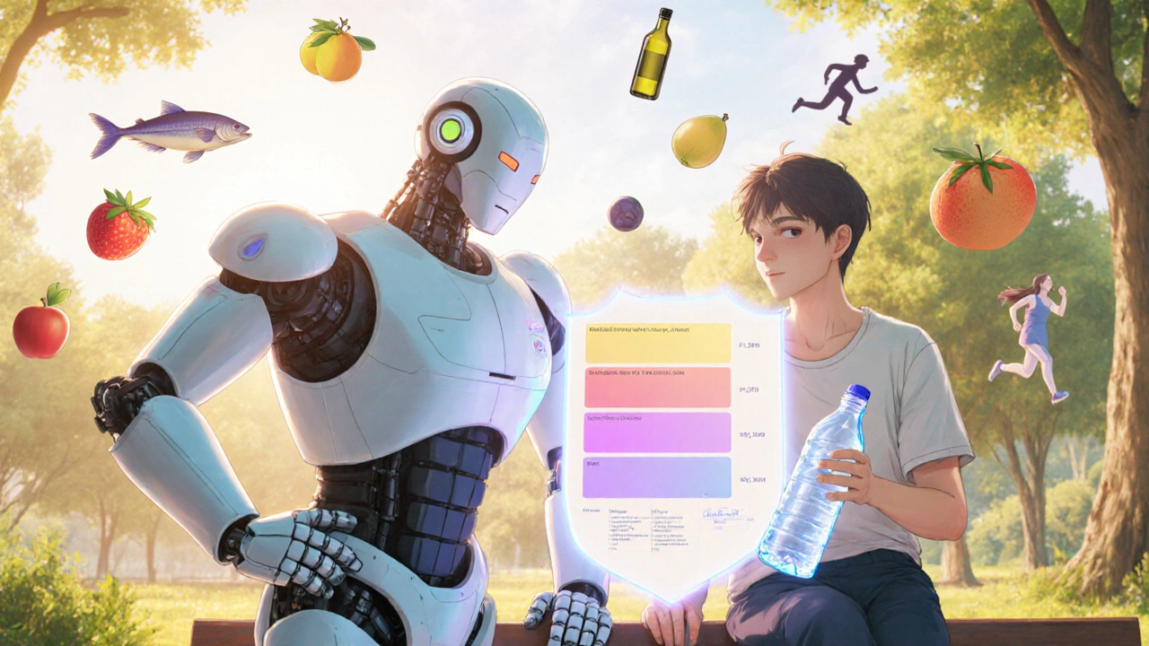Super‑robot stands with a happy adult in a sunny park, surrounded by healthy food and exercise symbols.