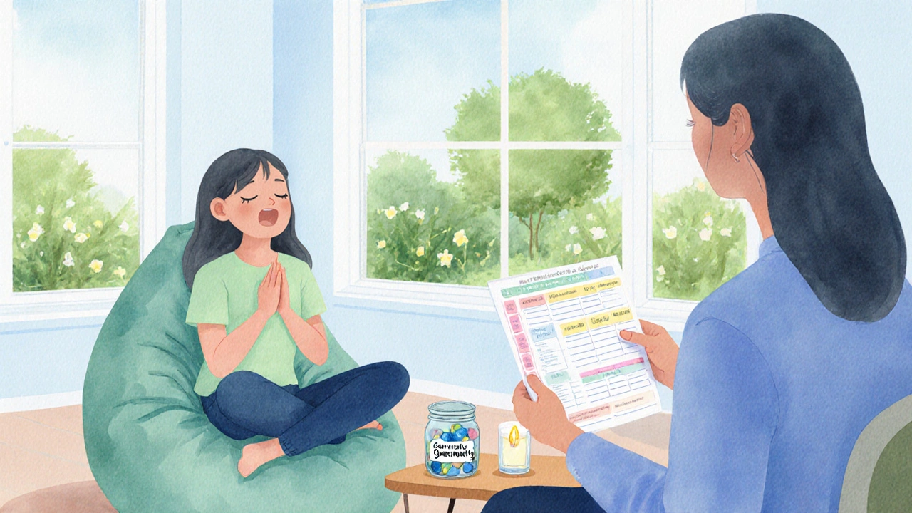 Teen practicing breathing with therapist holding a thought worksheet.