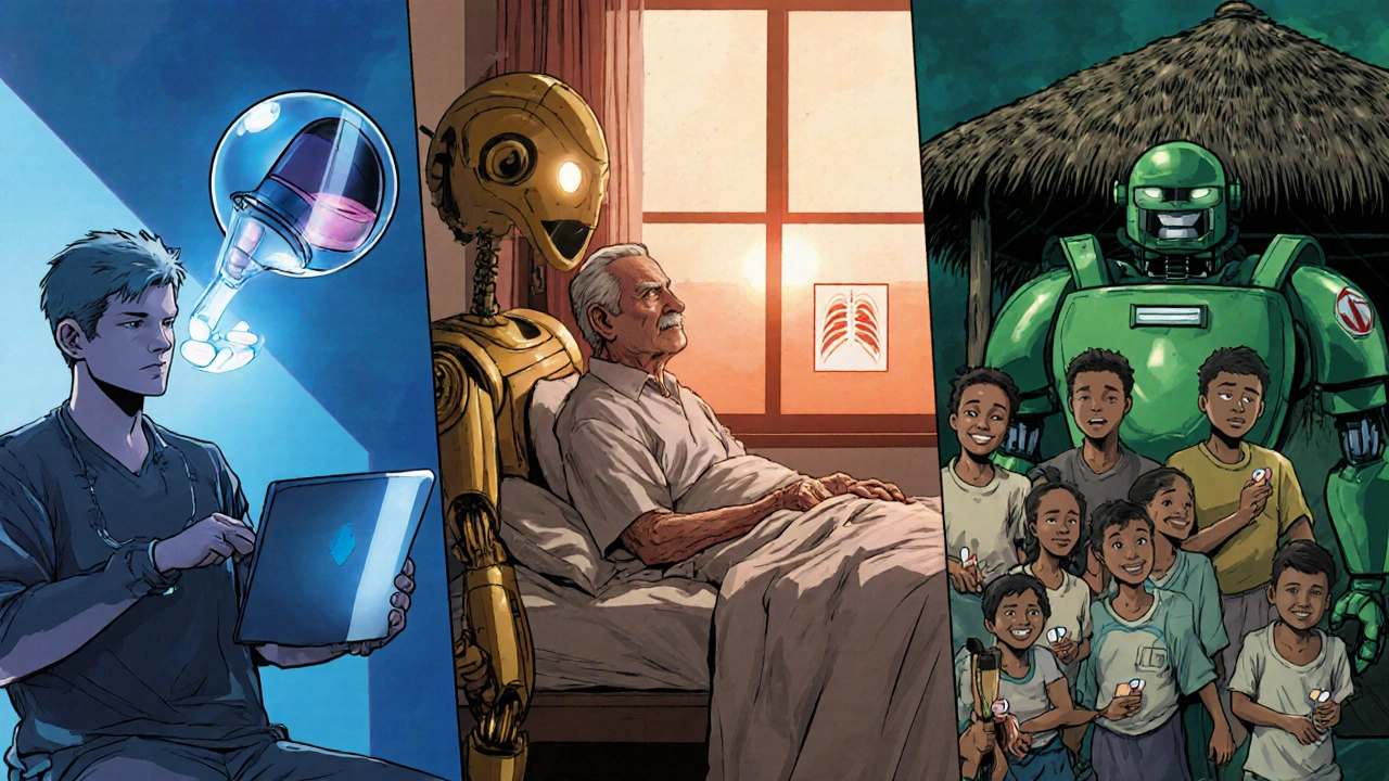 Three panels showing a young worker, an elderly patient, and a rural clinic with a robot assisting each.