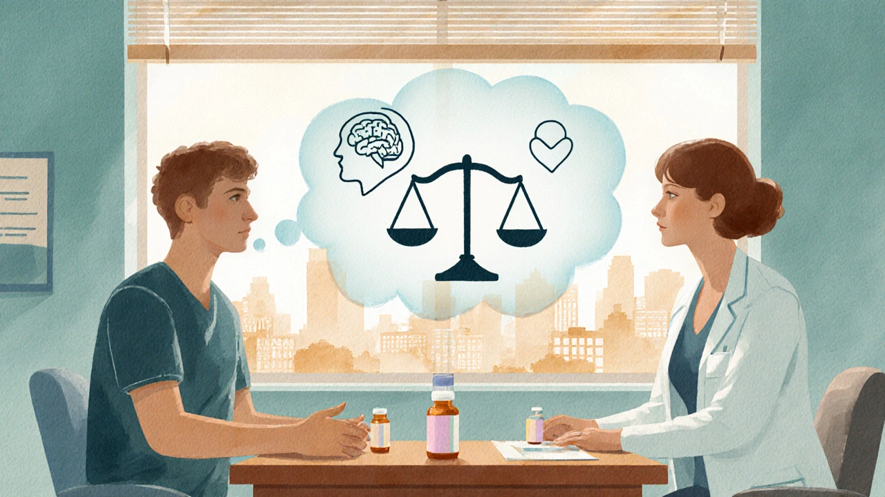Watercolor scene of a patient discussing medication options with a doctor, thought bubble showing scale, brain, and heart.