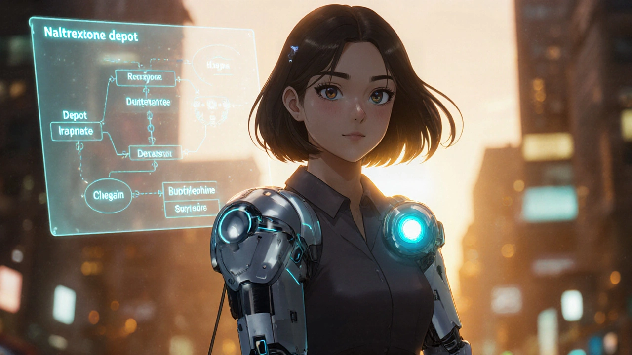 Woman walking in sunrise city with Naltrexone depot robot and buprenorphine robot.