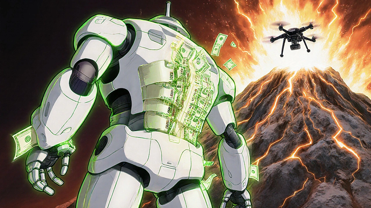 A cream robot peeling skin layers with tape, one arm failing while another projects a perfect simulation.