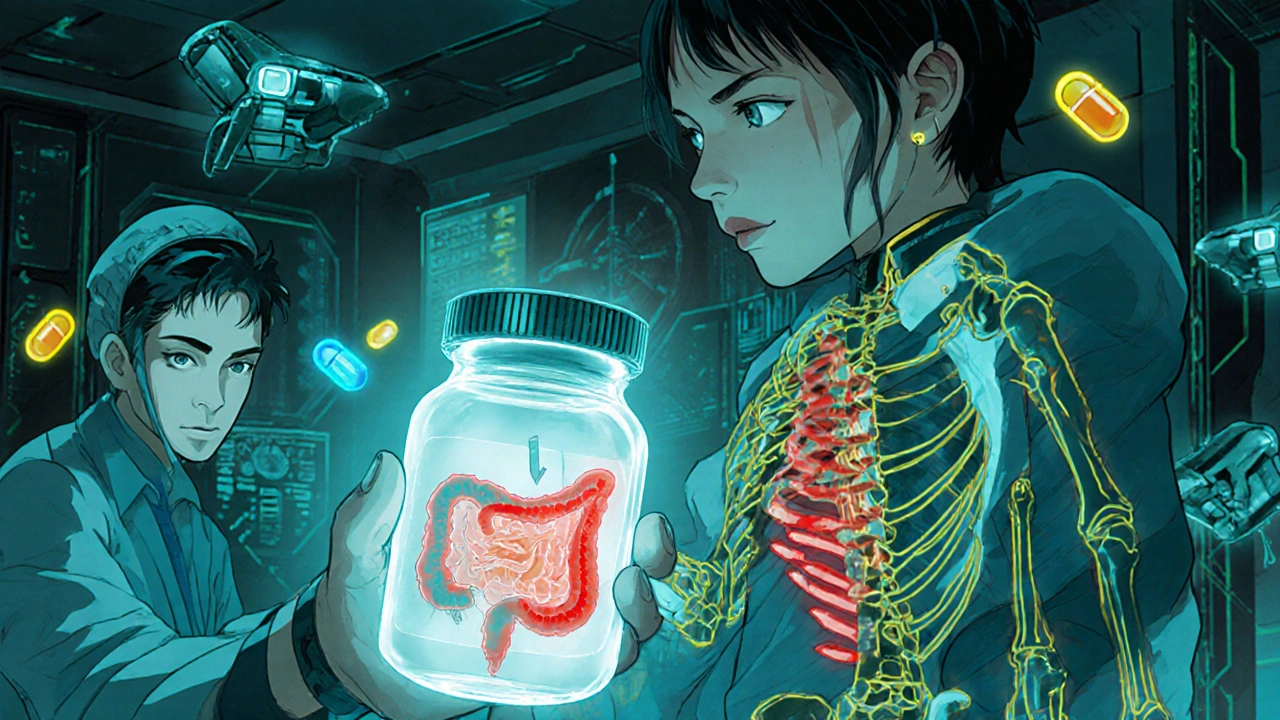 A doctor holding a glowing blood test that projects a holographic gut map with nutrient drones repairing damaged villi.