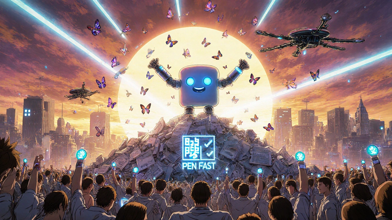 A giant penicillin molecule stands victorious over discarded antibiotics as patients are freed by floating butterflies.