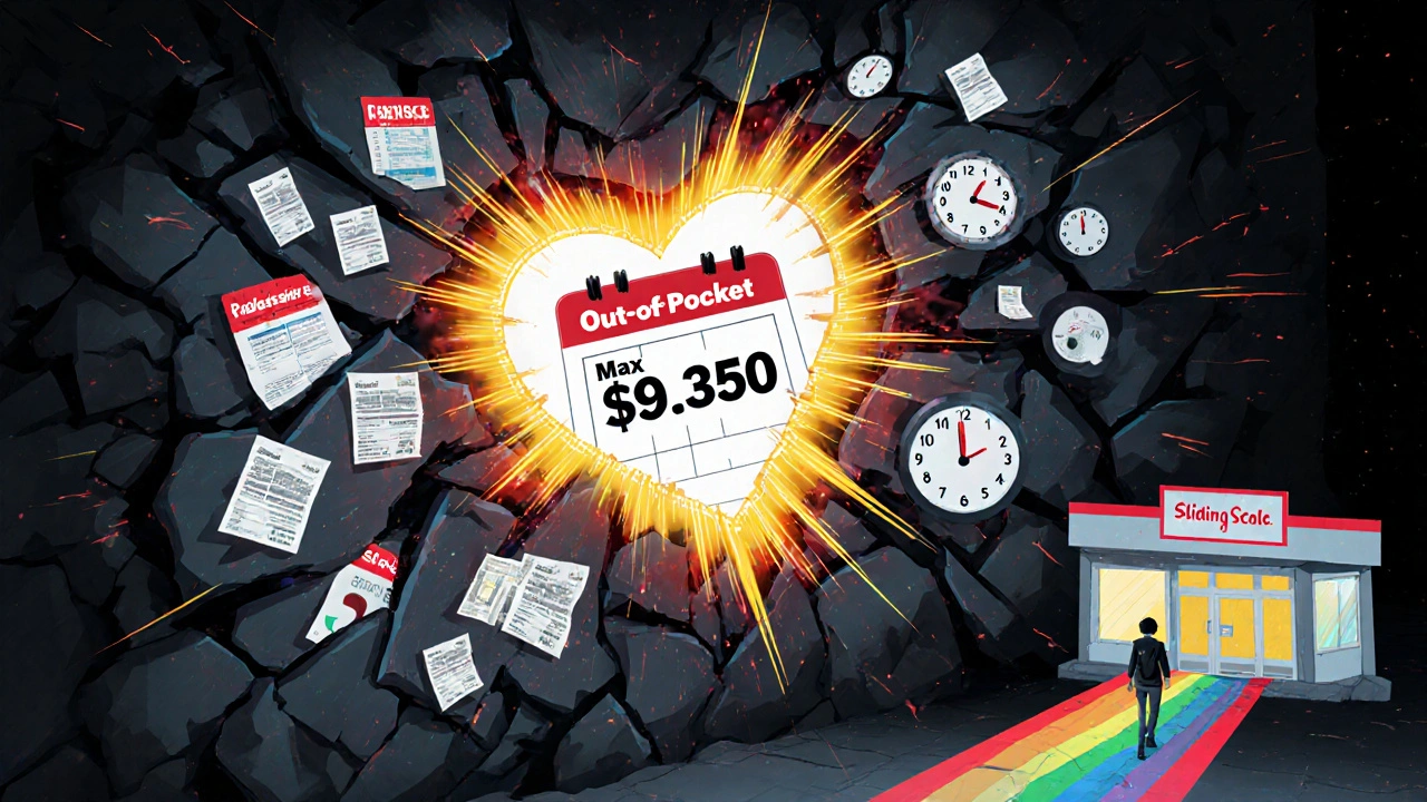 A heroic robot breaking through financial barriers with a glowing out-of-pocket max core and calendar countdown.