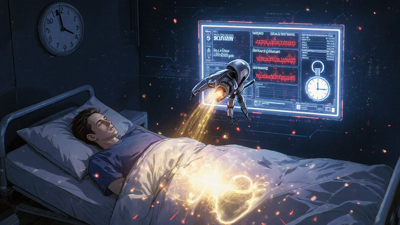 A holographic monitor displays infection data as a robotic scout scans a patient, with a glowing transplanted kidney pulsing softly.
