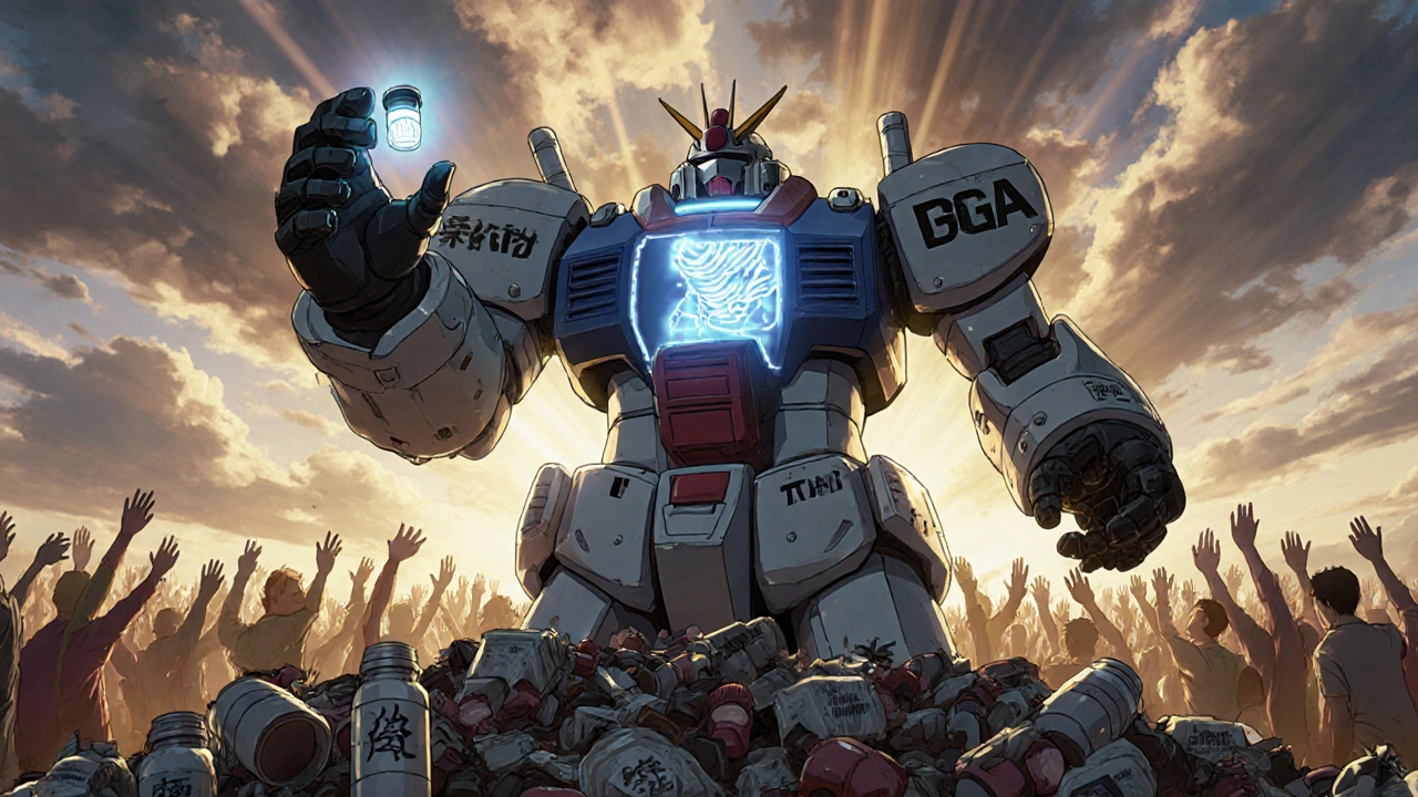 A massive TGA robot crushes counterfeit pills while holding a real one high above a city.