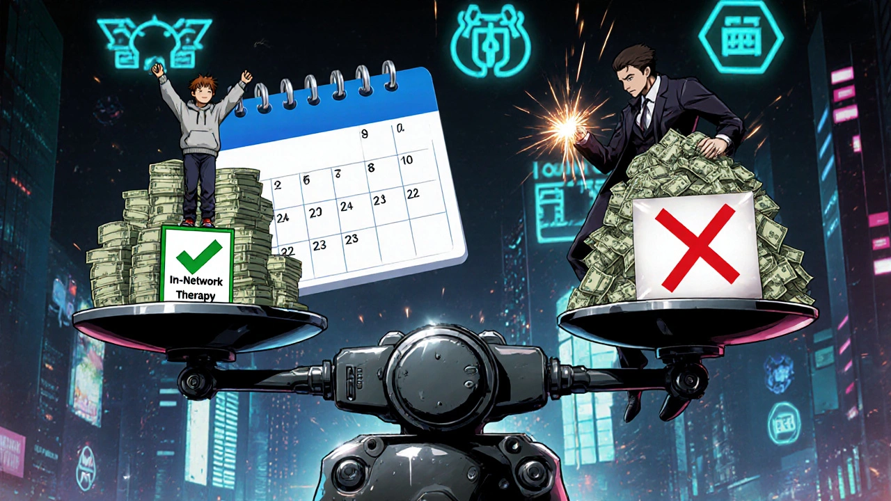 A mechanical scale balancing in-network vs out-of-network therapy costs with a person standing on the lighter side.
