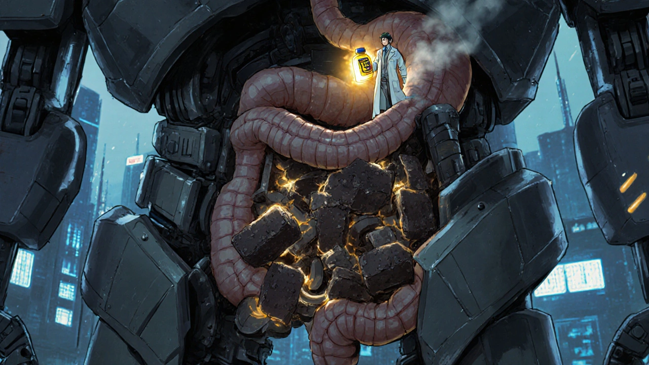 A mechanized intestine clogged with fecal blocks, healed by a glowing bottle of Miralax.