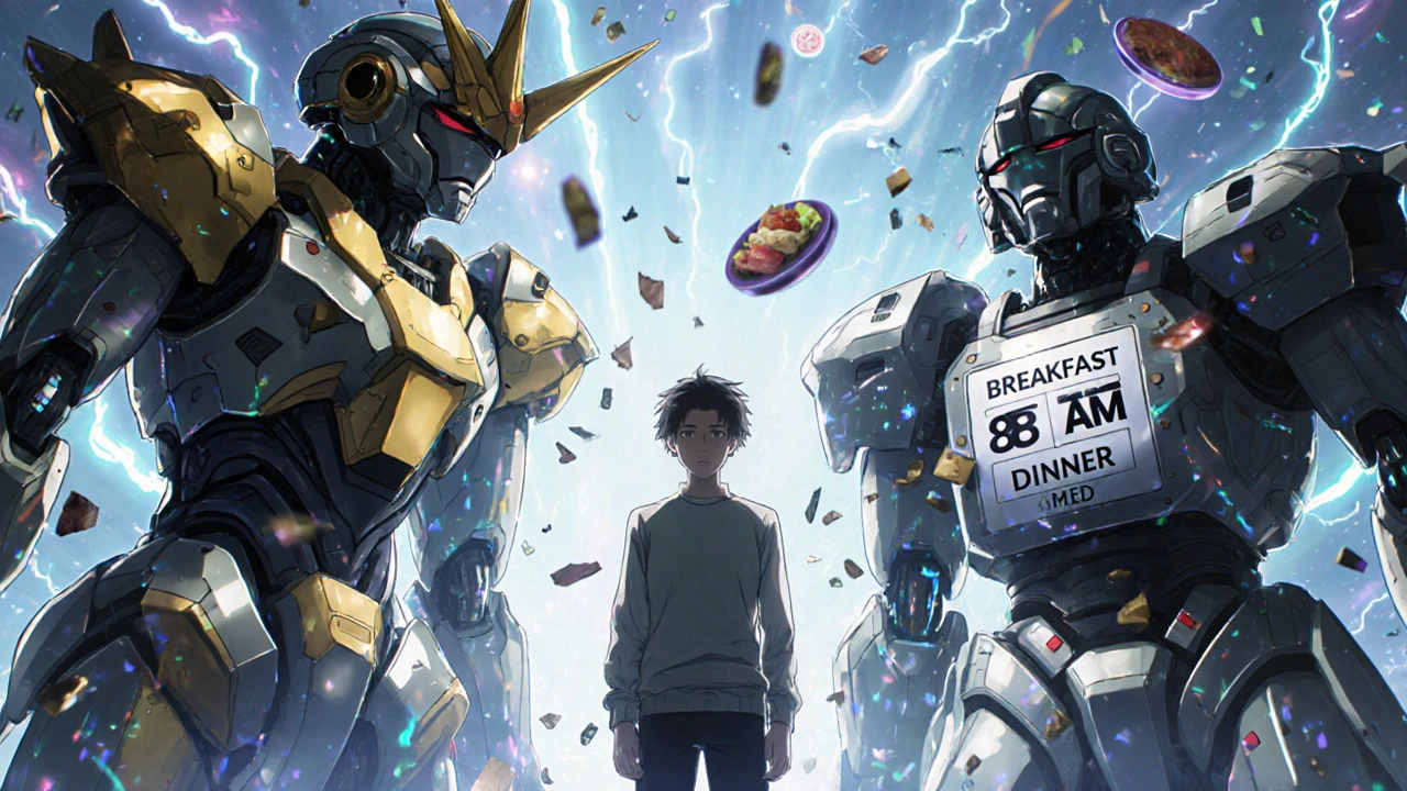 A patient between two robotic guardians: one flexible and adaptive, the other rigid and fixed, surrounded by floating meal timers and hypoglycemia spikes.